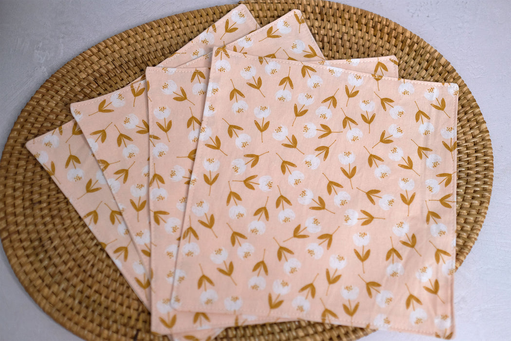 White Flowers with Golden Leaves - Cloth Napkins