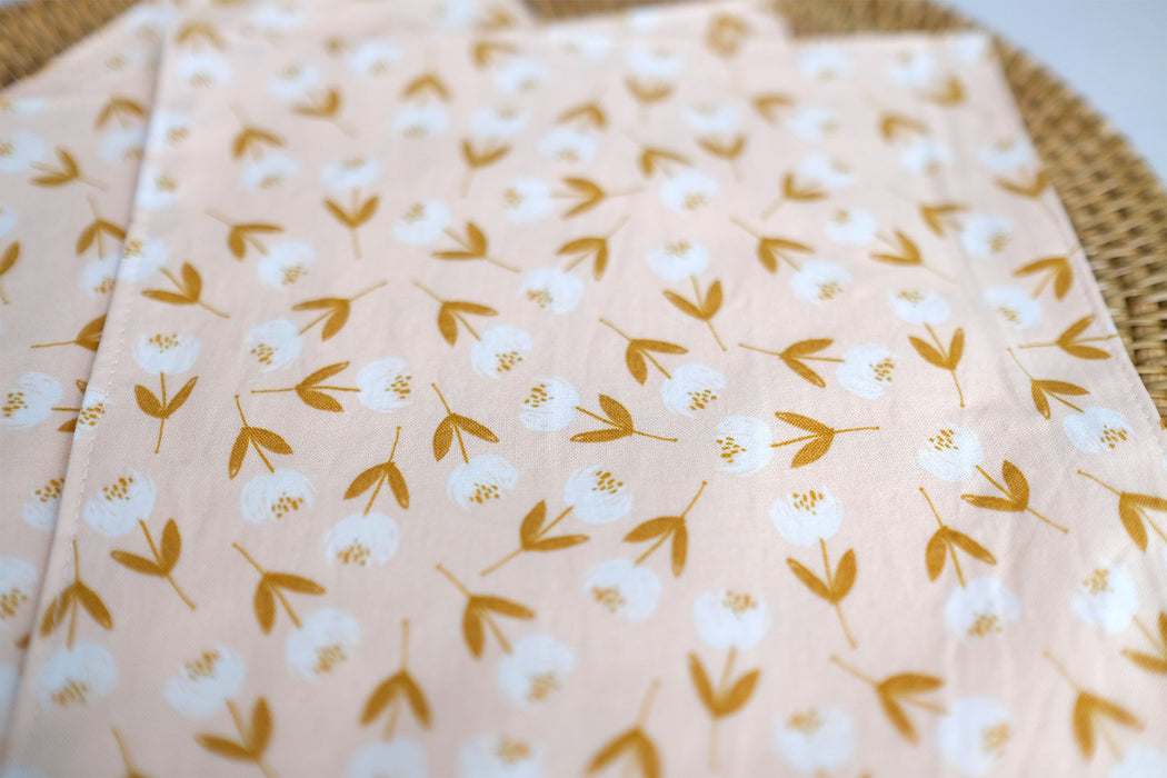 White Flowers with Golden Leaves - Cloth Napkins