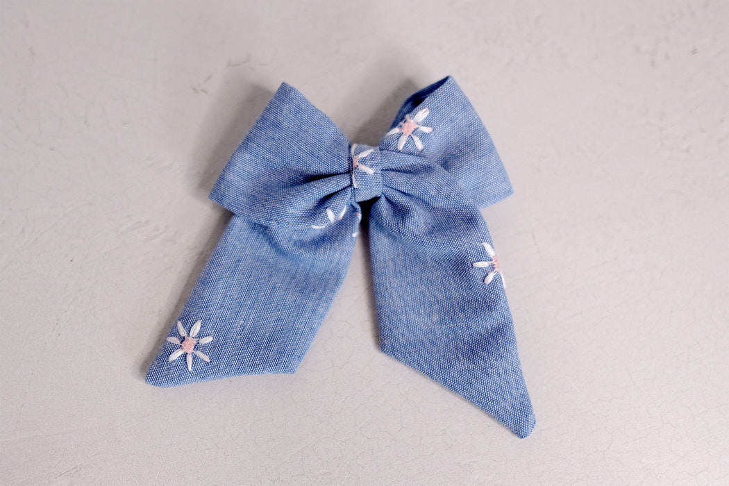Chambray wtih Embroidered Flowers - Mini Bow | ReMade Collection