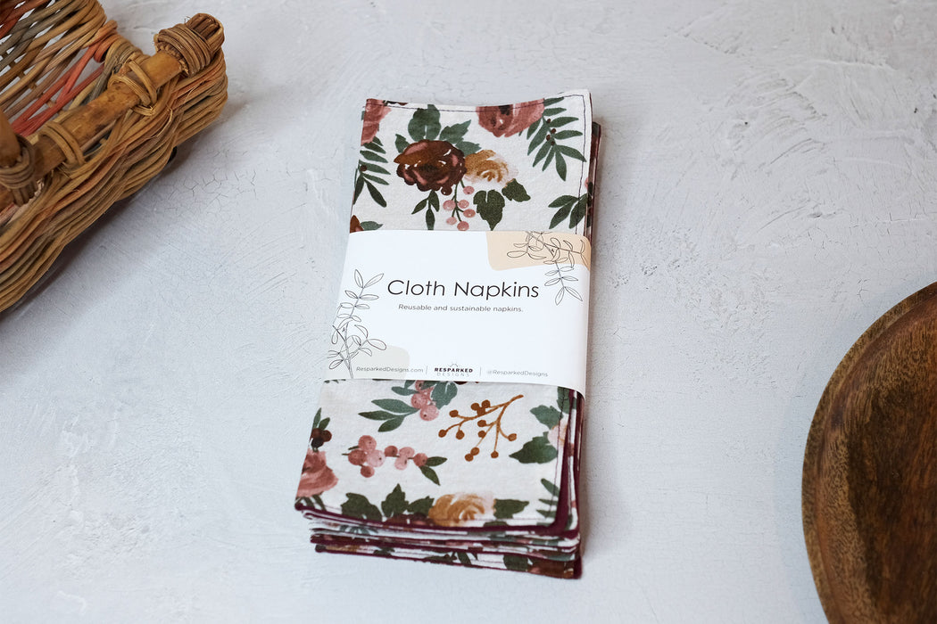 Burgundy Flowers - Cloth Napkins