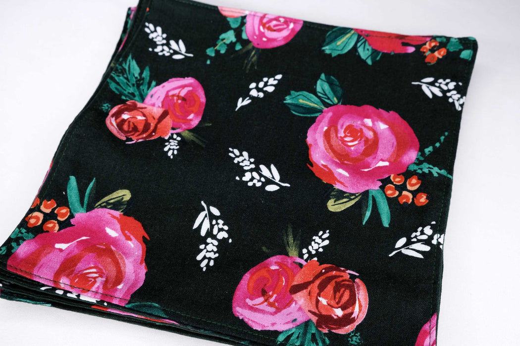 Dark Green with Pink Flowers - Cloth Napkins