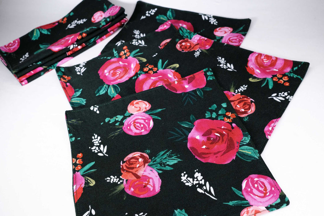 Dark Green with Pink Flowers - Cloth Napkins