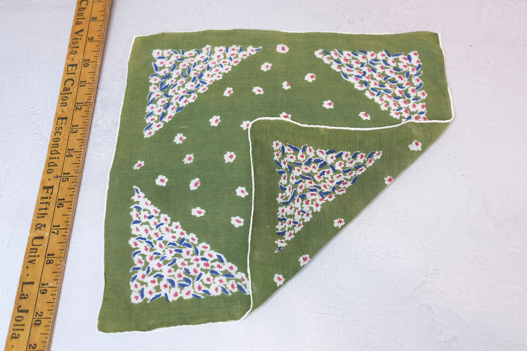 White Flowers on Green - Vintage Handkerchief