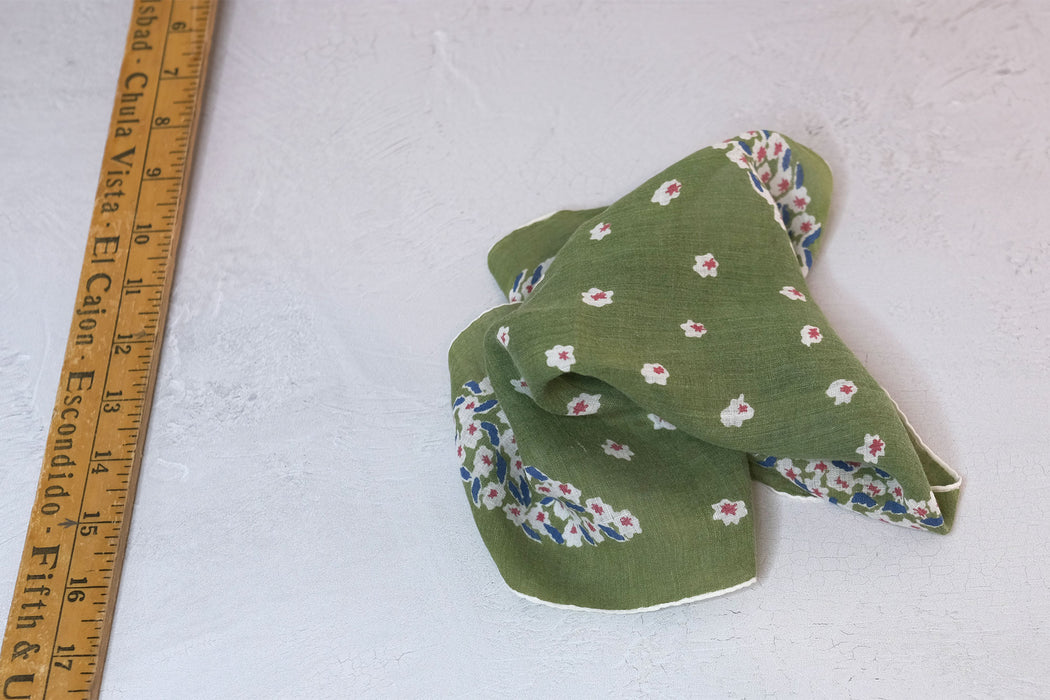 White Flowers on Green - Vintage Handkerchief
