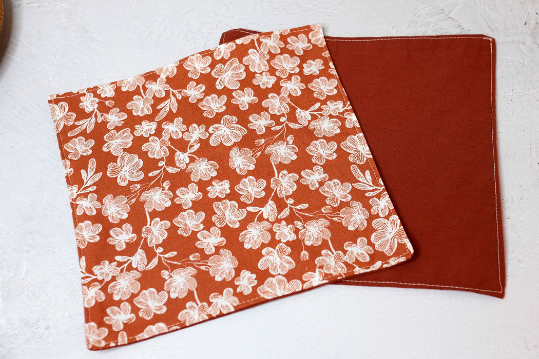 White Flowers on Brown - Cloth Napkins
